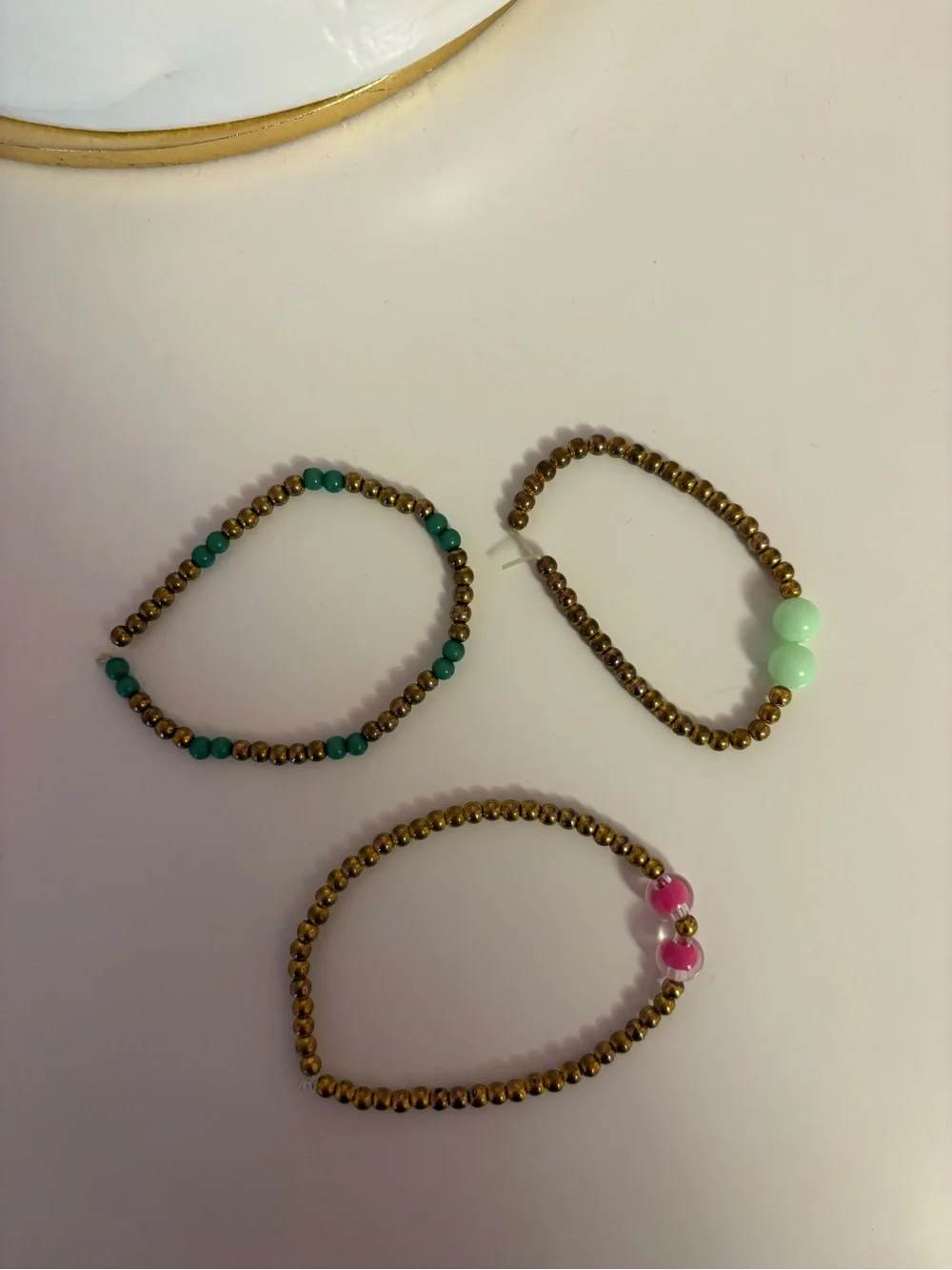 Beaded Stretch Bracelet Trio - Gold with Turquoise, Mint & Pink Accents